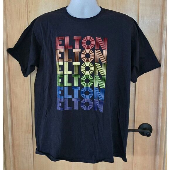 Elton John Rainbow Text Graphic T-Shirt Black XL casual colorful Cotton - Picture 3 of 5
